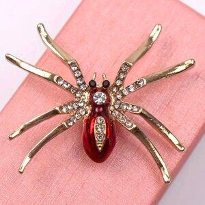 Red Spider Rhinestone Brooch Pin Gold Widow Arthropodss Stylish Glam Sparkle